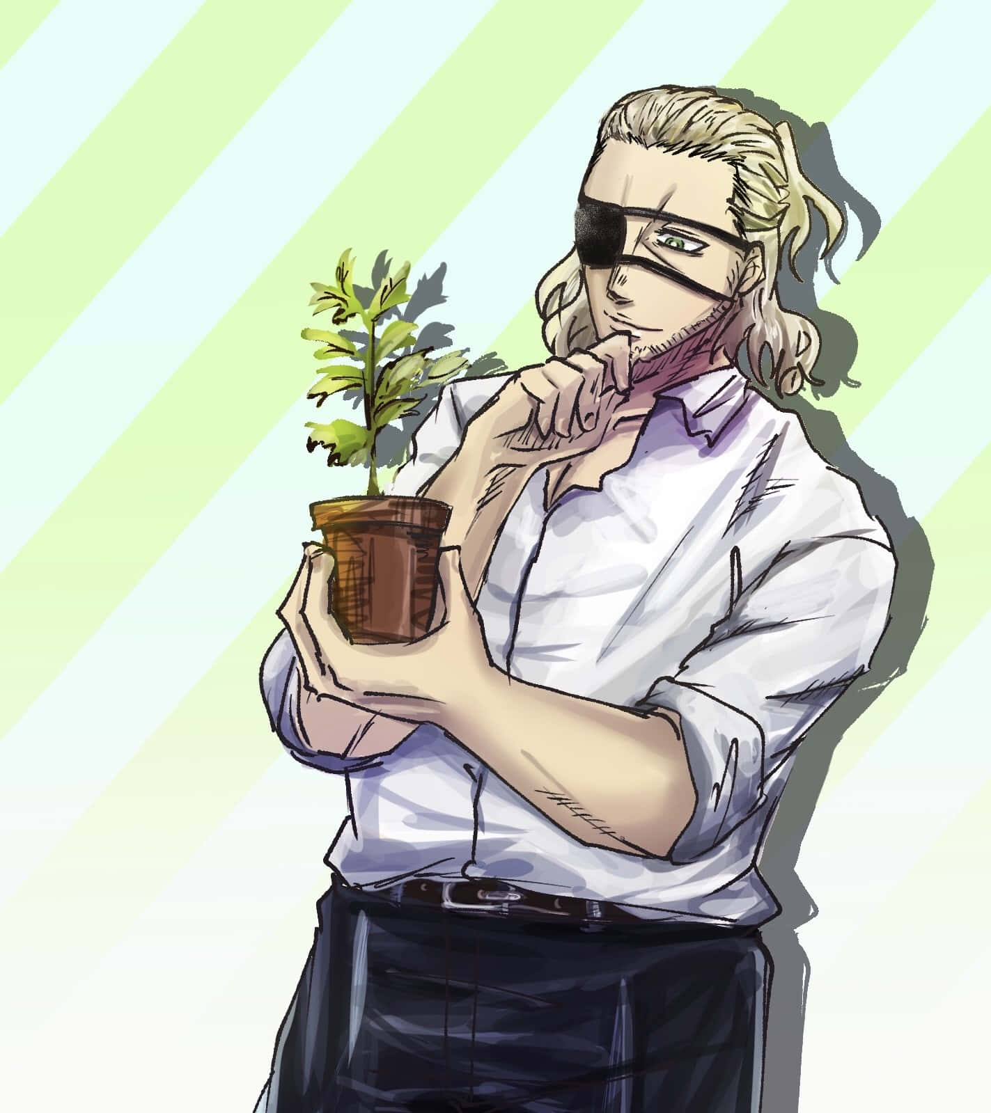 Blindfolded Man Holding Plant Background