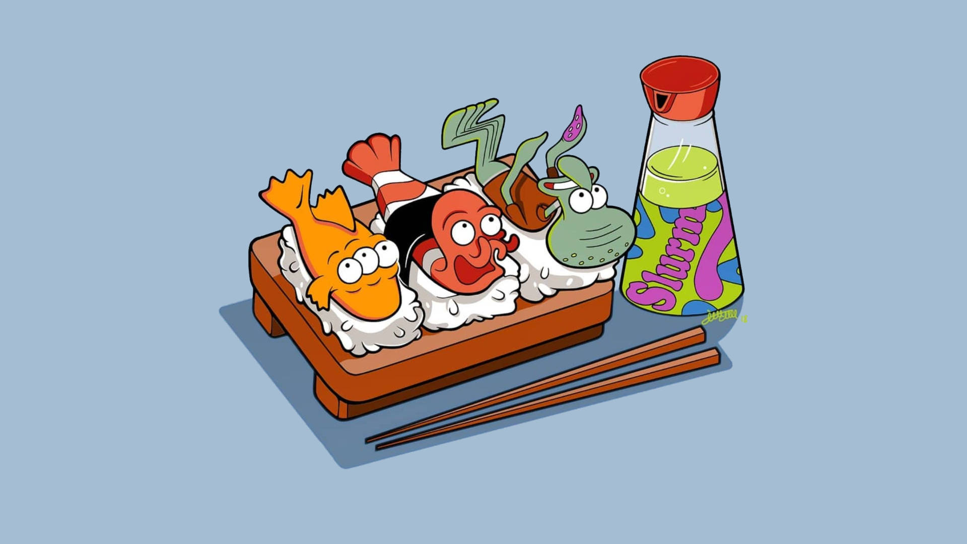 Blinky And Squidward Sushi Background