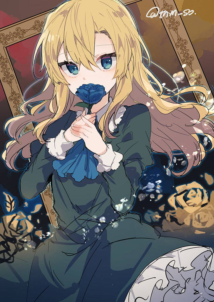 Blonde Anime Girl With Blue Flower Iphone