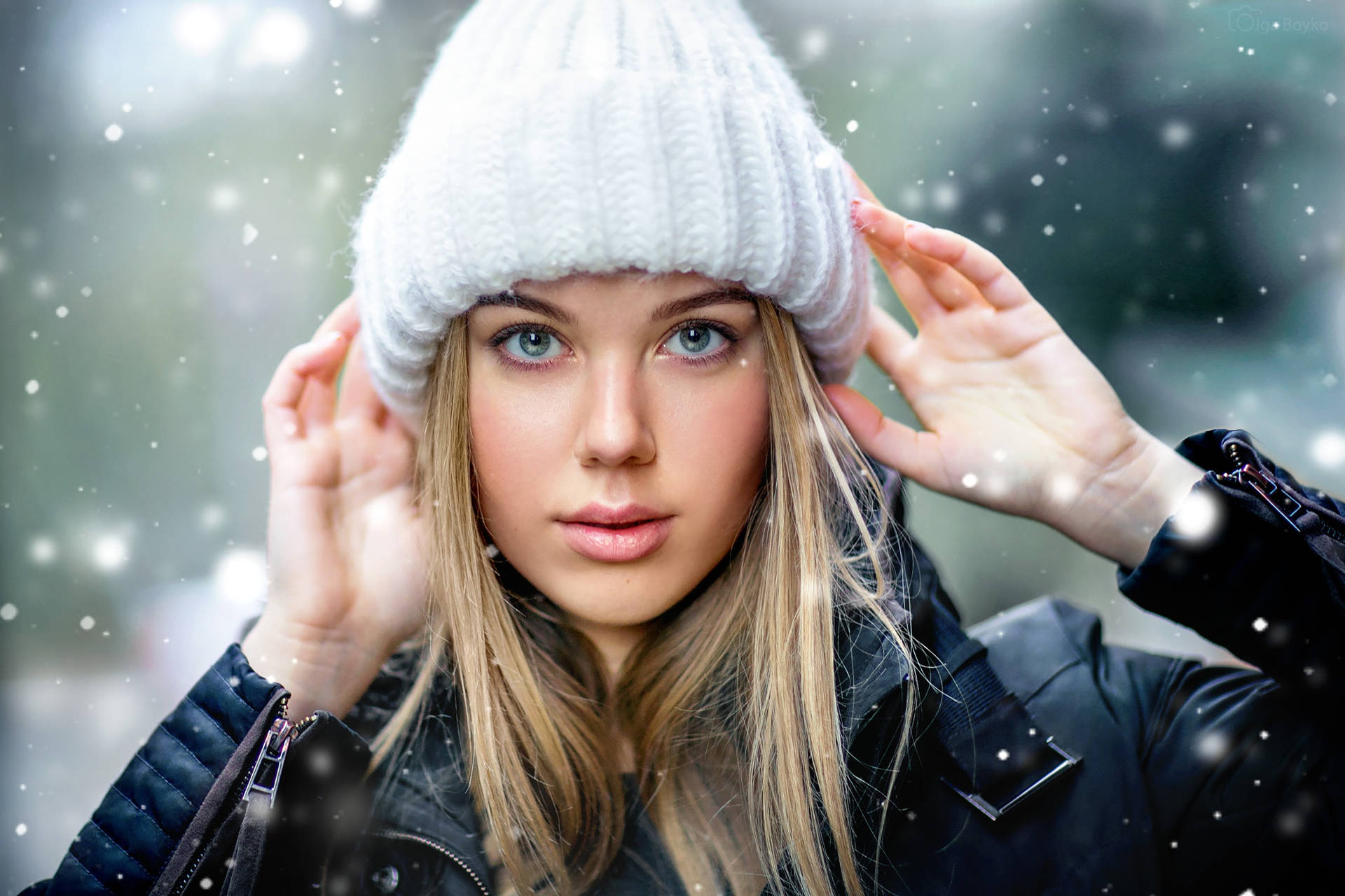 Blonde Female Model Beanie Snow Background