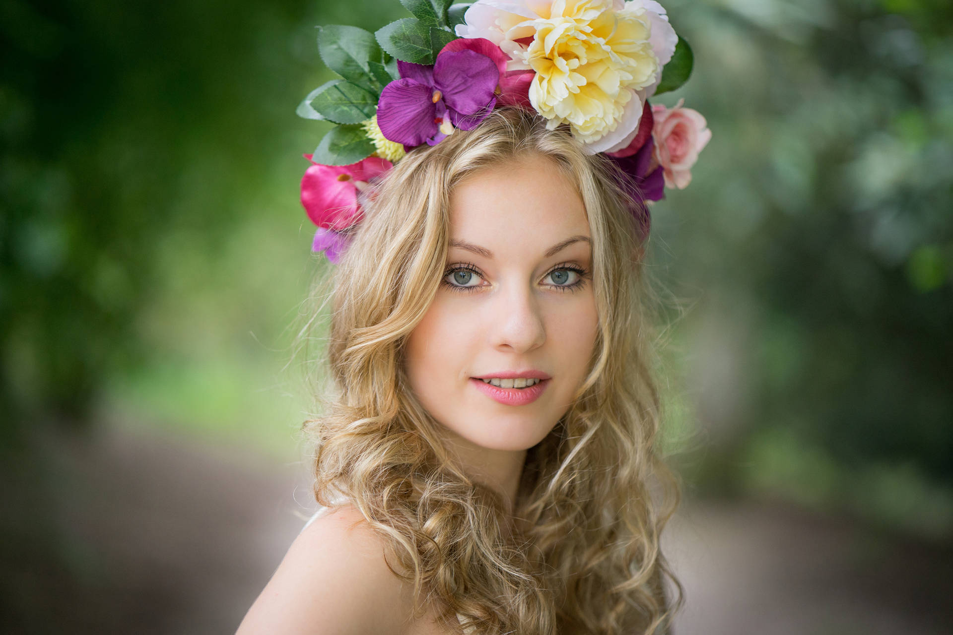 Blonde Female Model Big Flowers Background