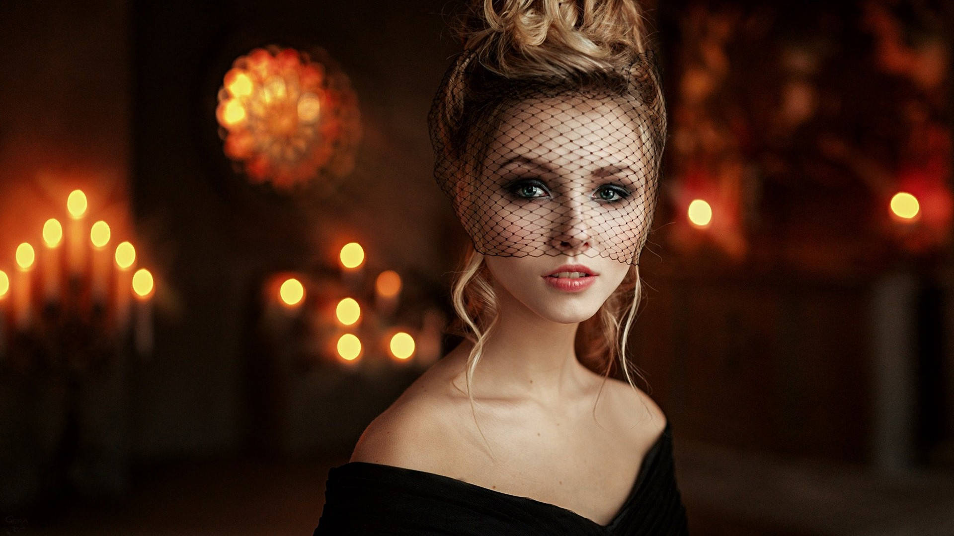 Blonde Female Model Black Net Veil Background