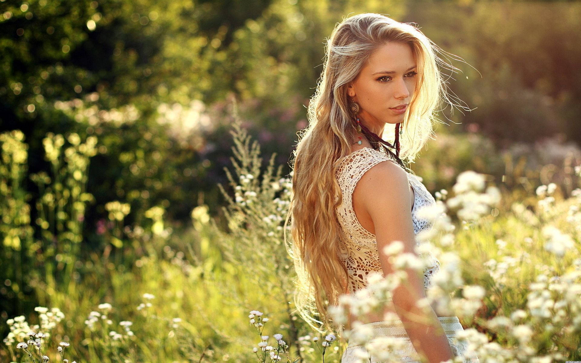 Blonde Girl Meadow Flowers Background