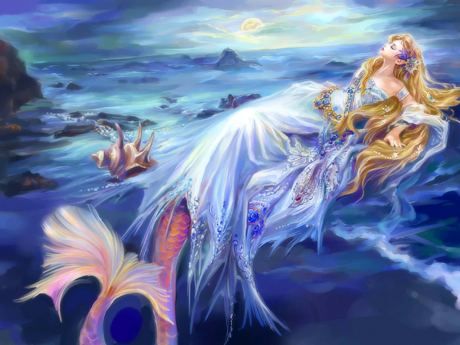 Blonde Mermaid With Blue Dress Background