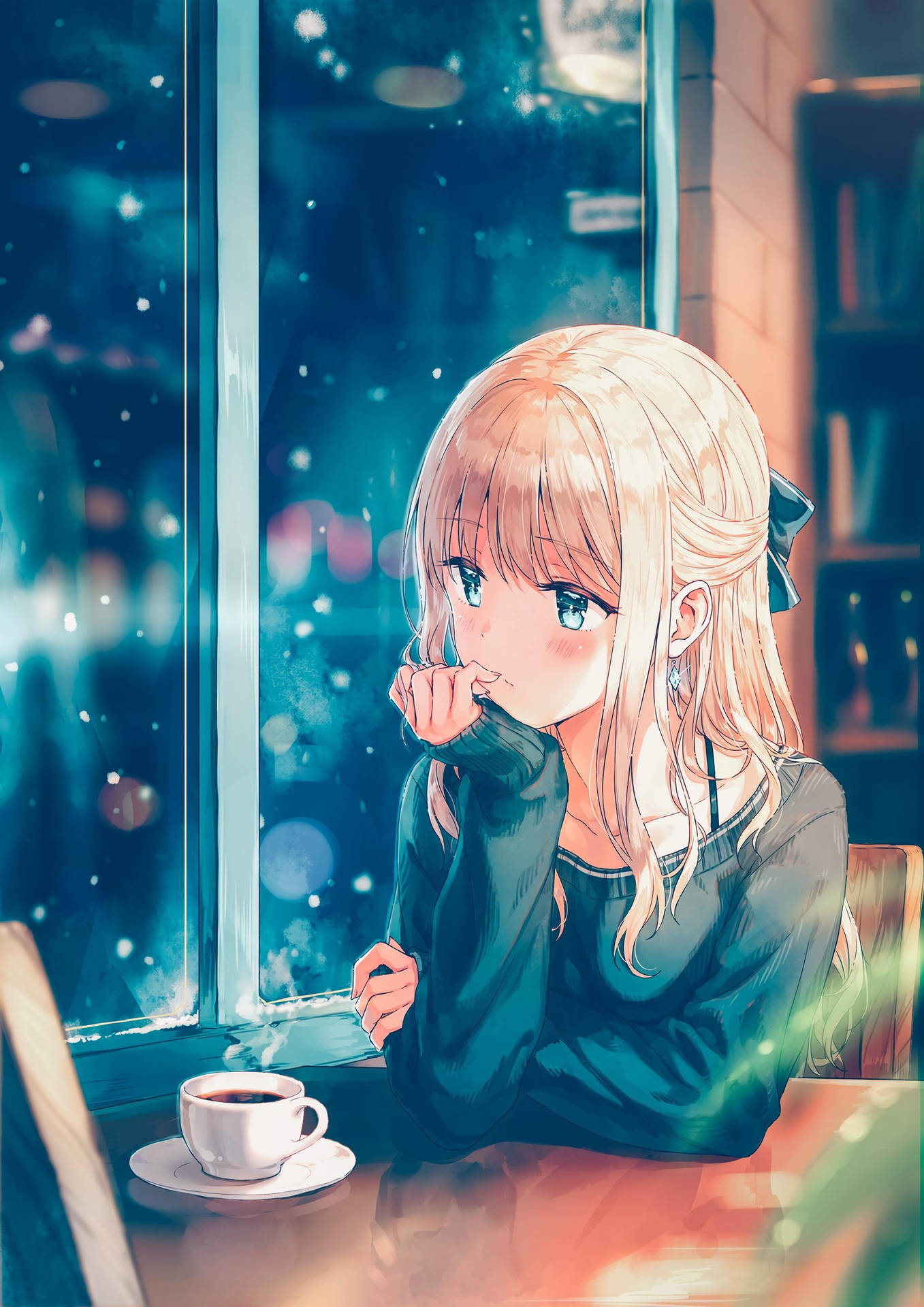 Blonde Sad Anime Girl With Coffee Background