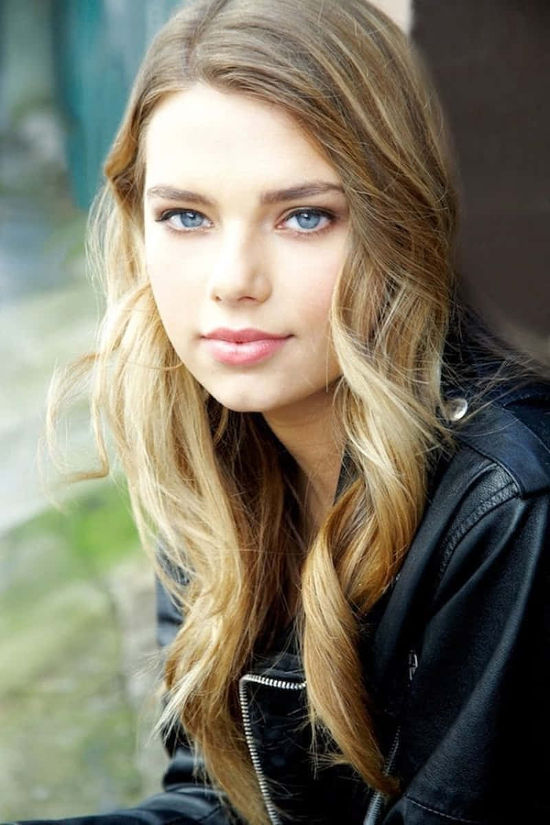 Blonde Woman Blue Eyes Leather Jacket Background