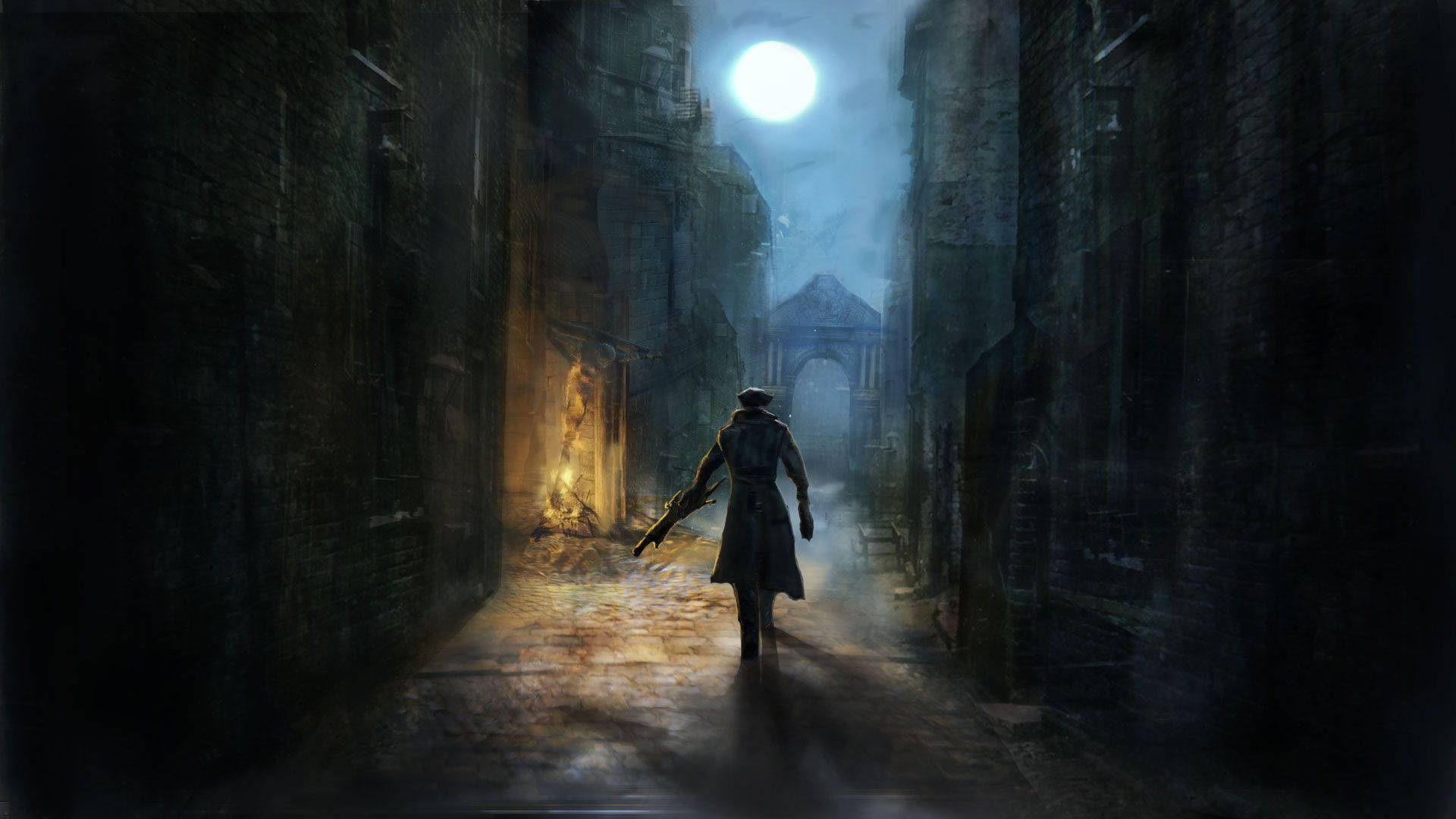 Bloodborne Hunter In Yharnam Dark Alley Background