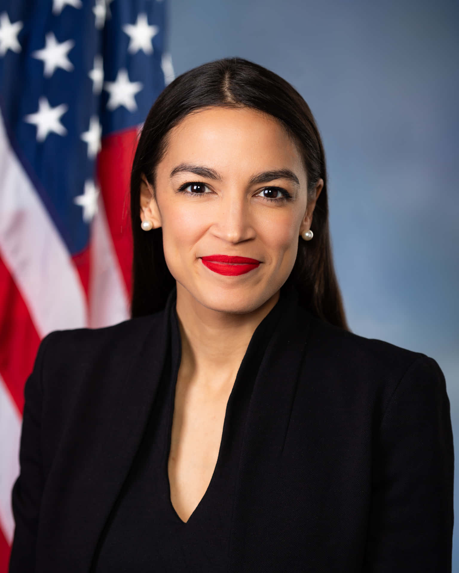 Blue Aesthetic Alexandria Ocasio-cortez With Flag Background