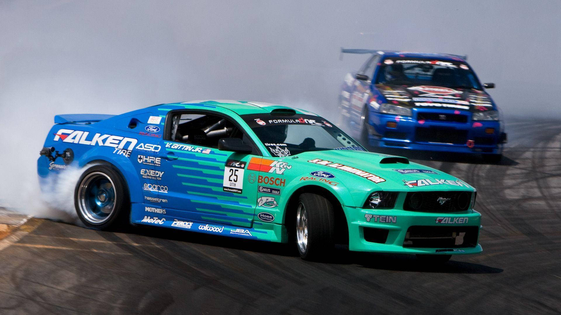 Blue And Green Drift Cars Background