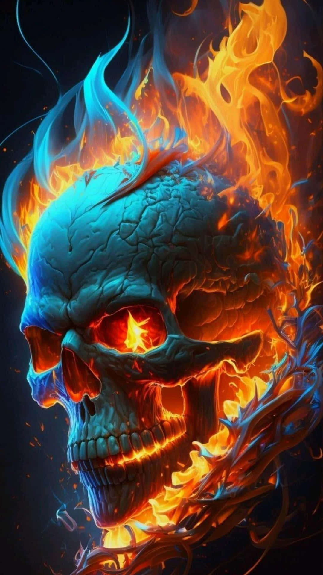 Blue_and_ Orange_ Fire_ Skull_ Artwork Background