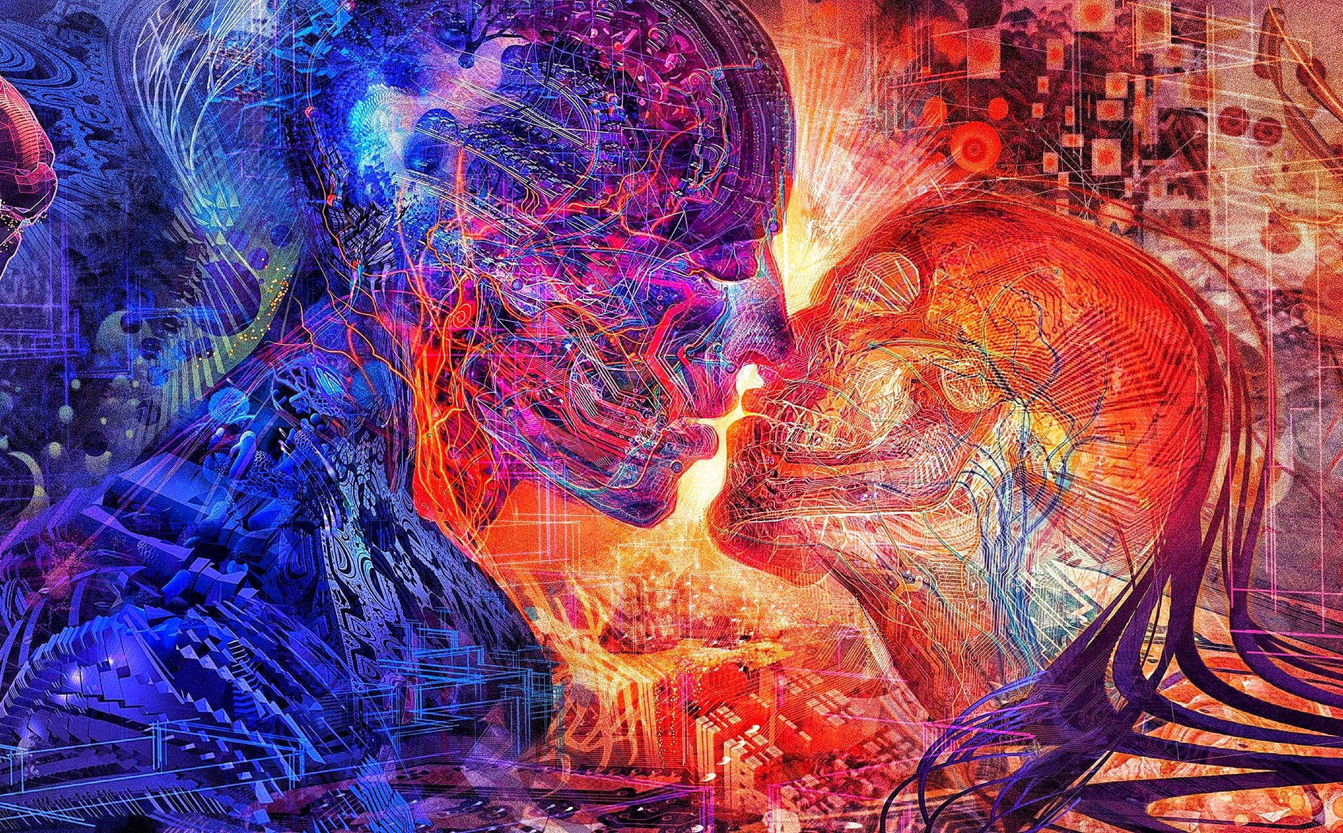 Blue And Red Artwork Kissing Hd Background