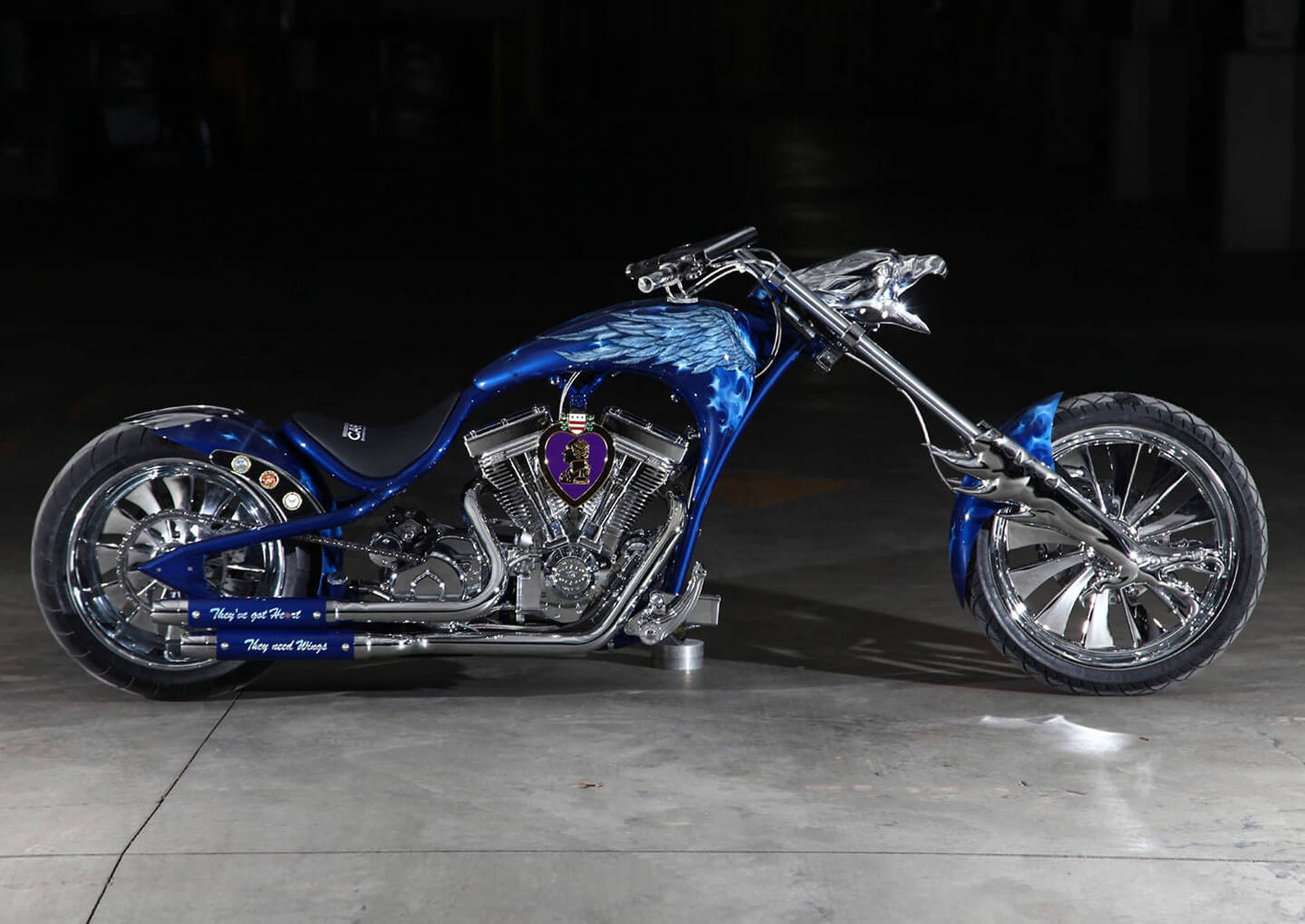 Blue And Silver Chopper Motorcycle Background