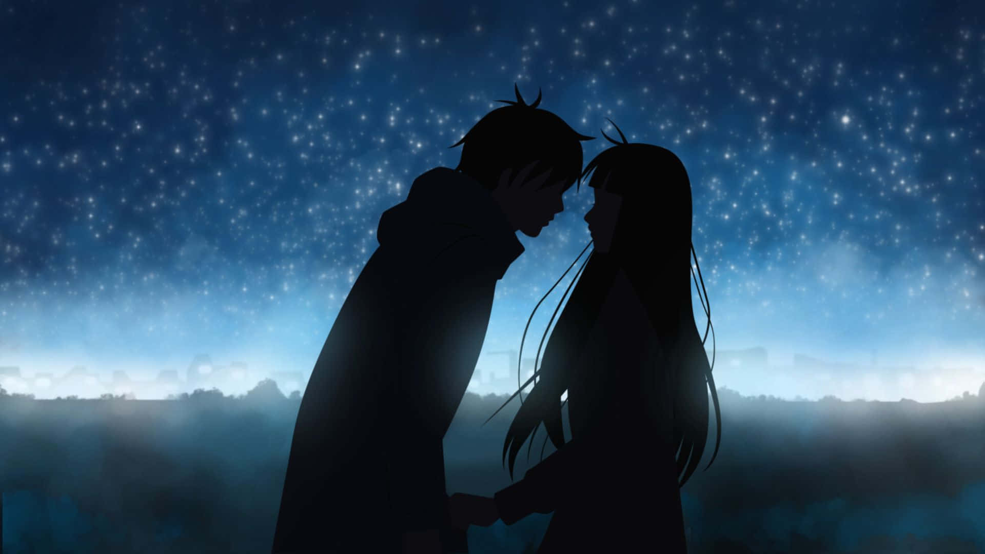 Blue Anime Aesthetic Desktop Couple Almost Kissing Starry Sky Background