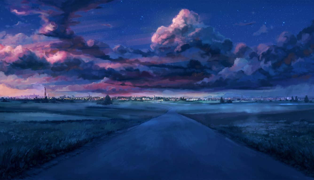 Blue Anime Aesthetic Desktop Road Cloudy Night Sky Background