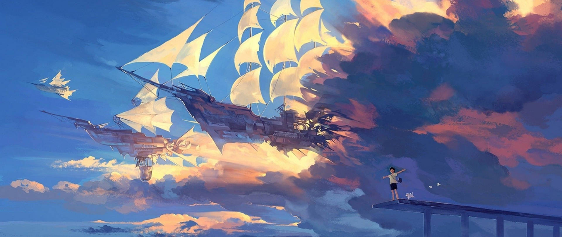 Blue Anime Galleon Ships Aesthetic Background