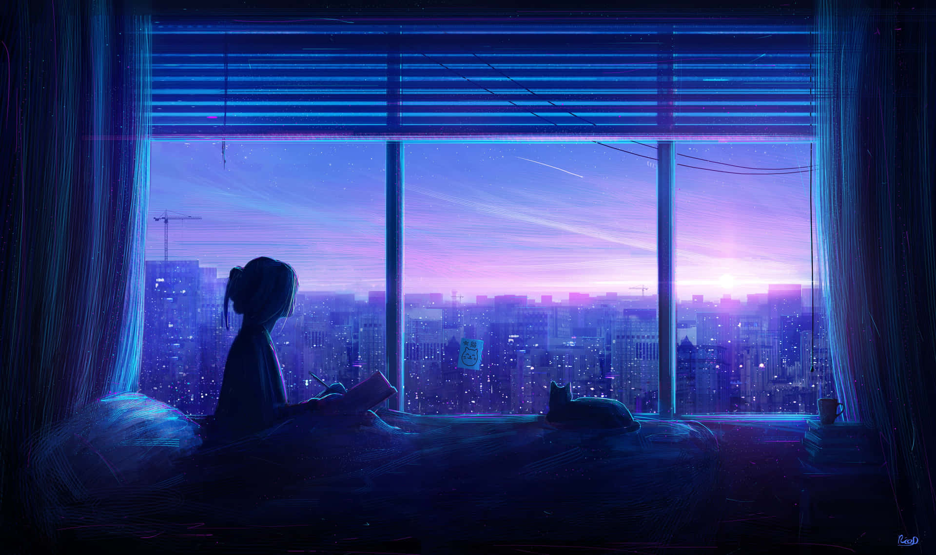 Blue Anime Girl Aesthetic On Wide Window Sunset