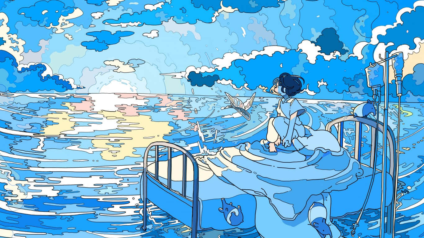 Blue Anime Girl Drifting On The Sea