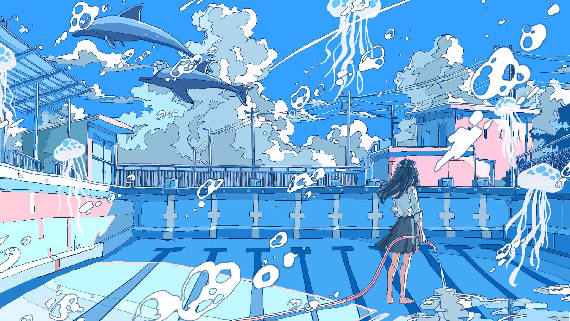 Blue Anime Girl In Scenic Sky