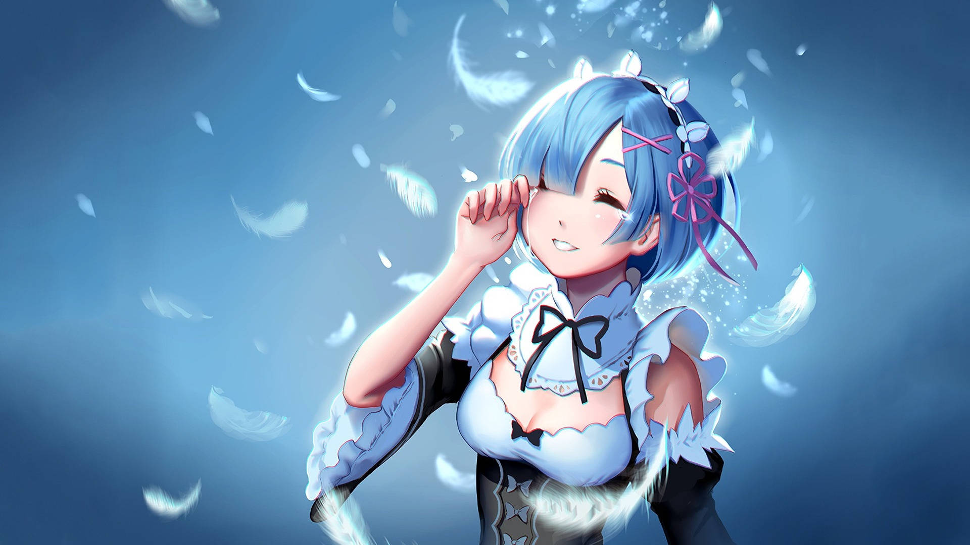 Blue Anime Girl Smile Background