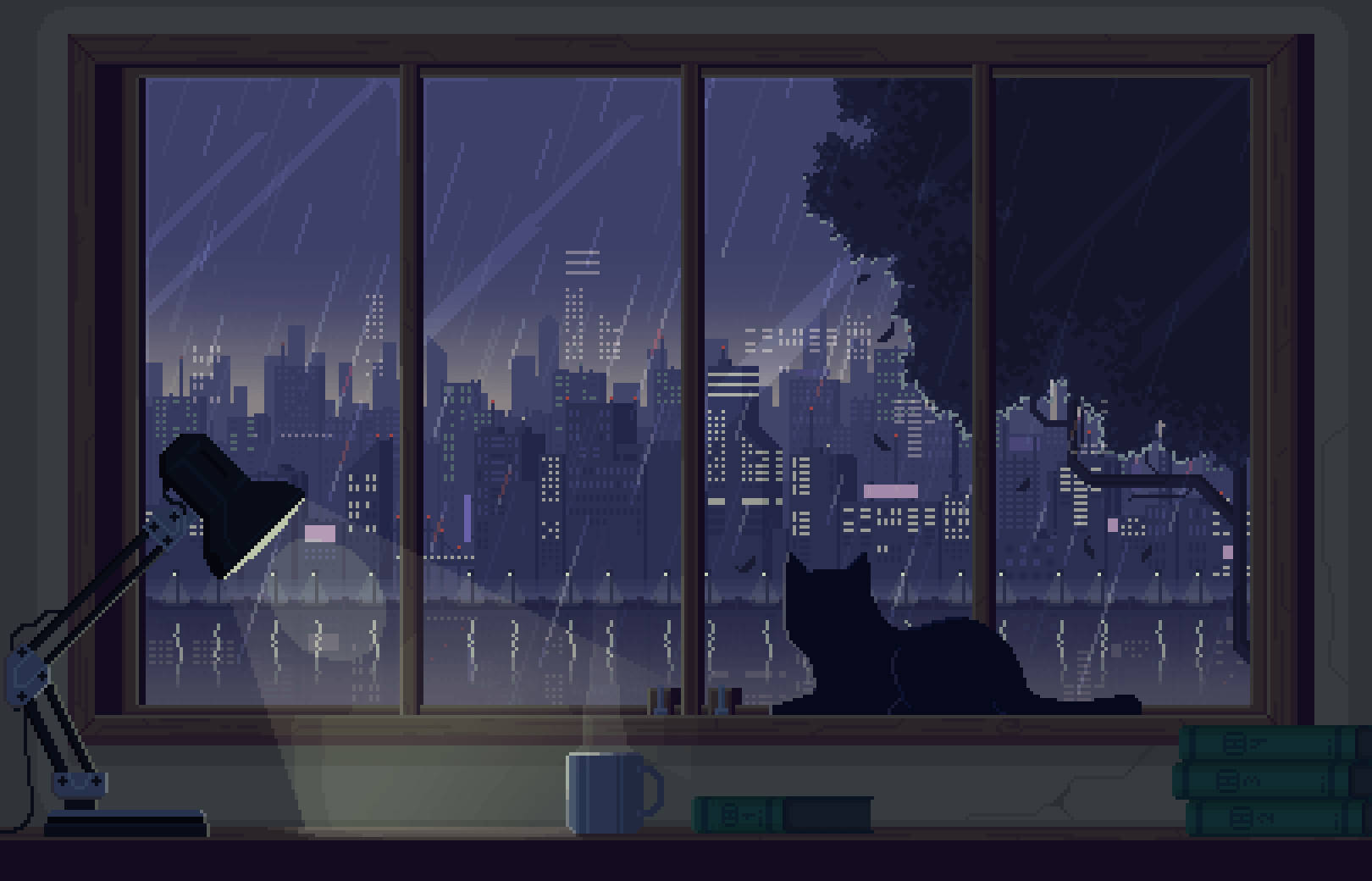 Blue Anime Silhouette Cat Aesthetic Background