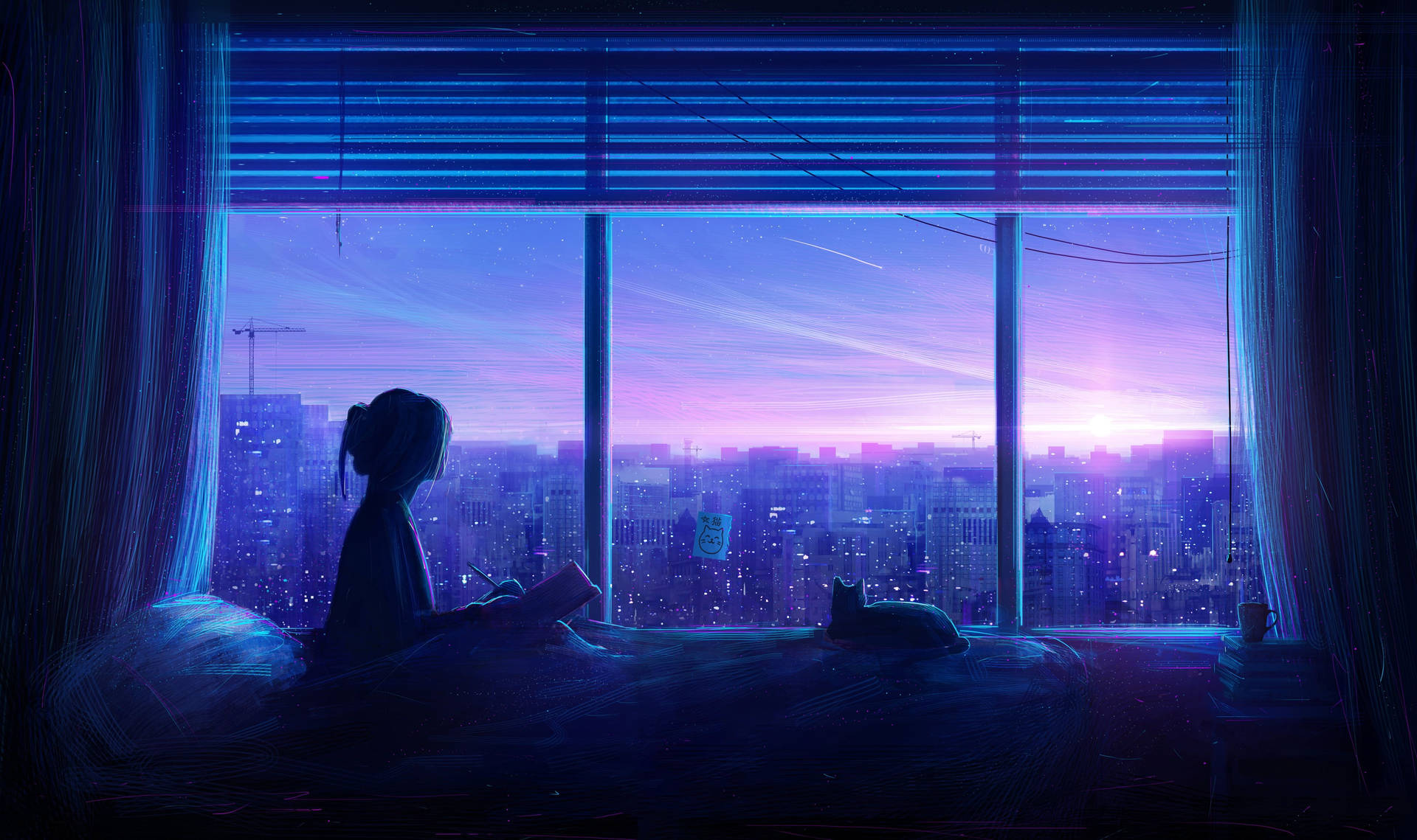 Blue Anime Silhouette Girl And Cat Aesthetic Background