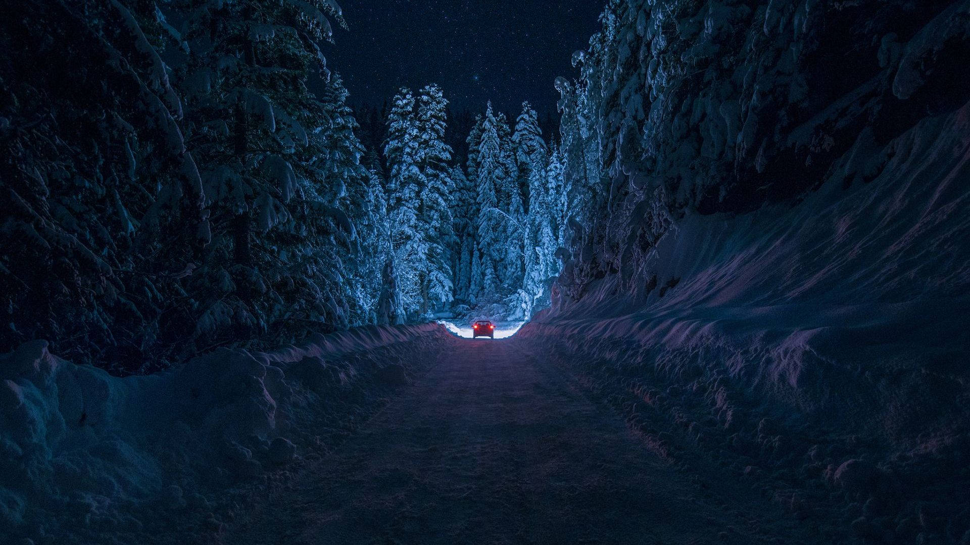 Blue Anime Snowy Night Road Aesthetic Background