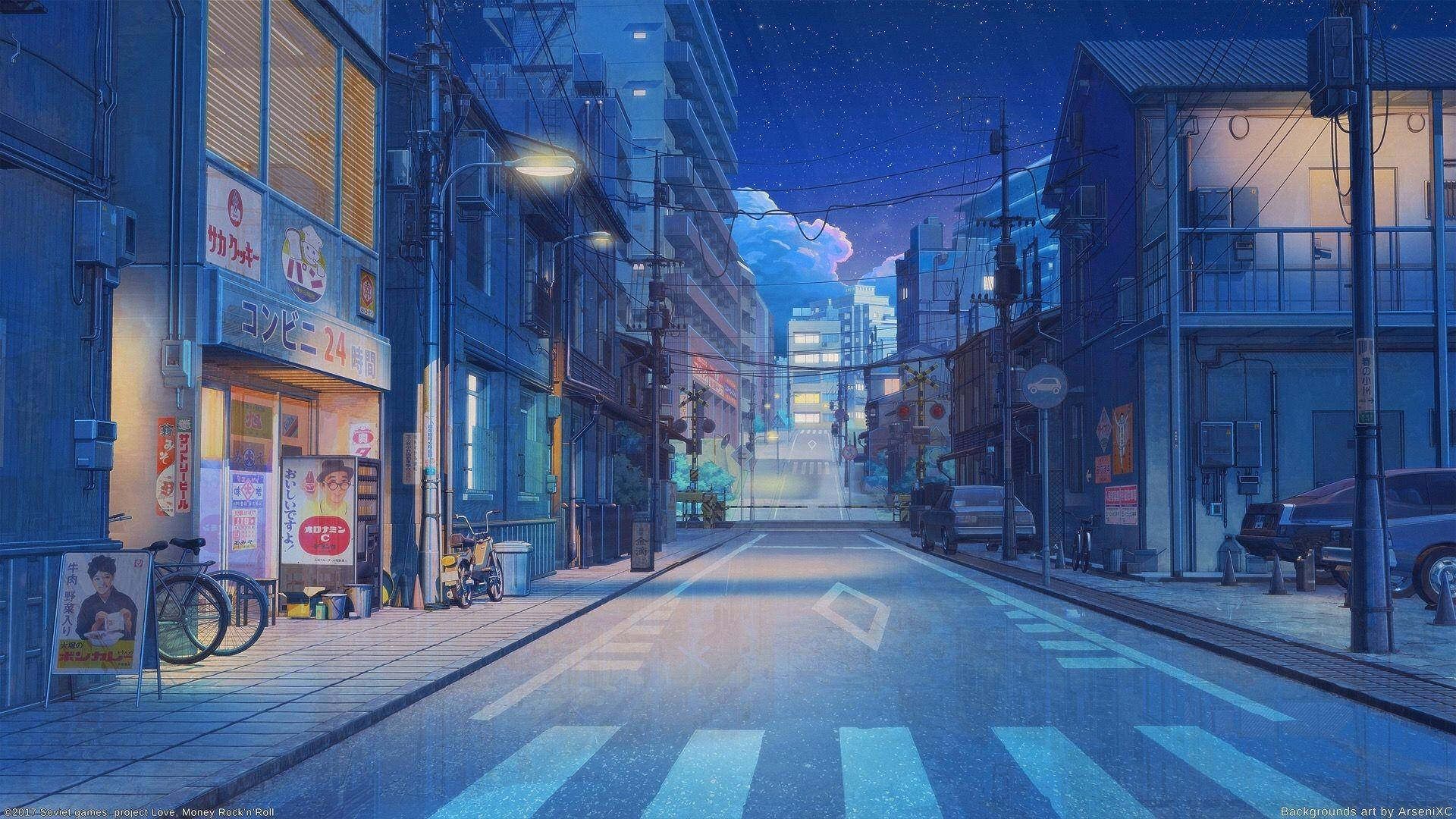Blue Anime Tokyo Street Aesthetic Background