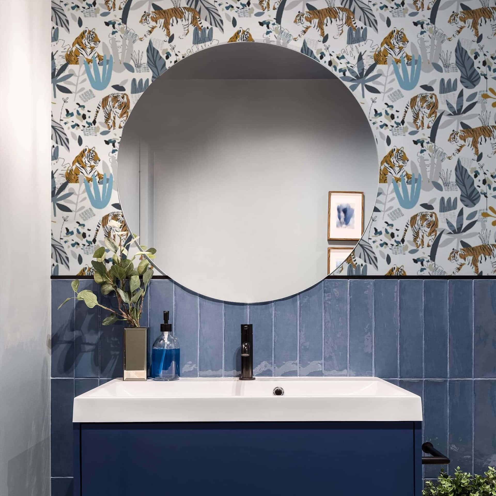 Blue Bathroom Tiger Patterned Walls Background