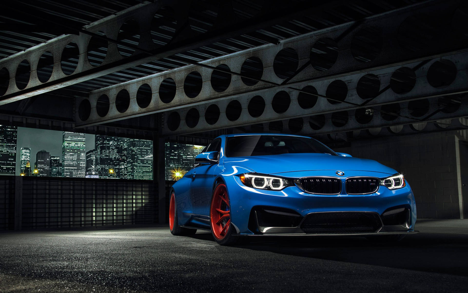 Blue Bmw Parked Indoors Background