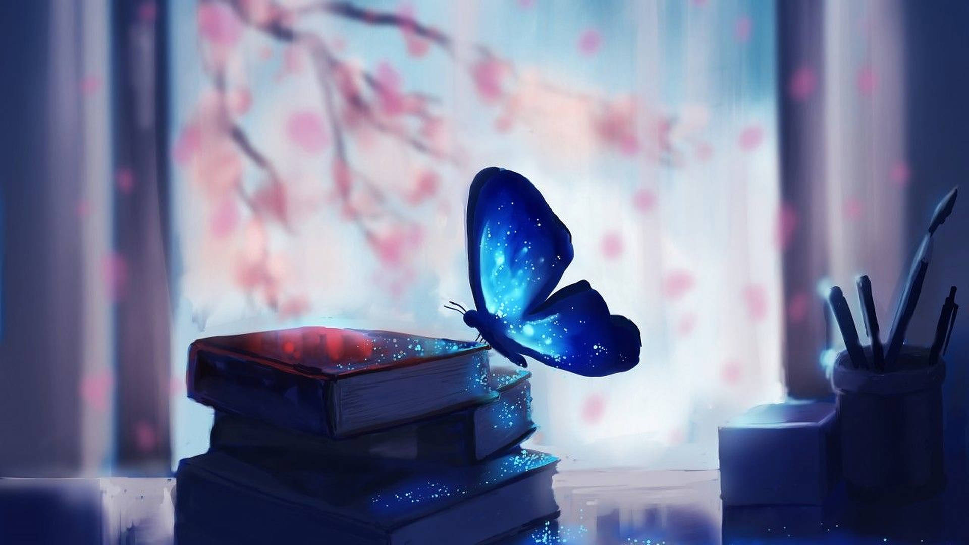 Blue Butterfly Aesthetic On Books Background