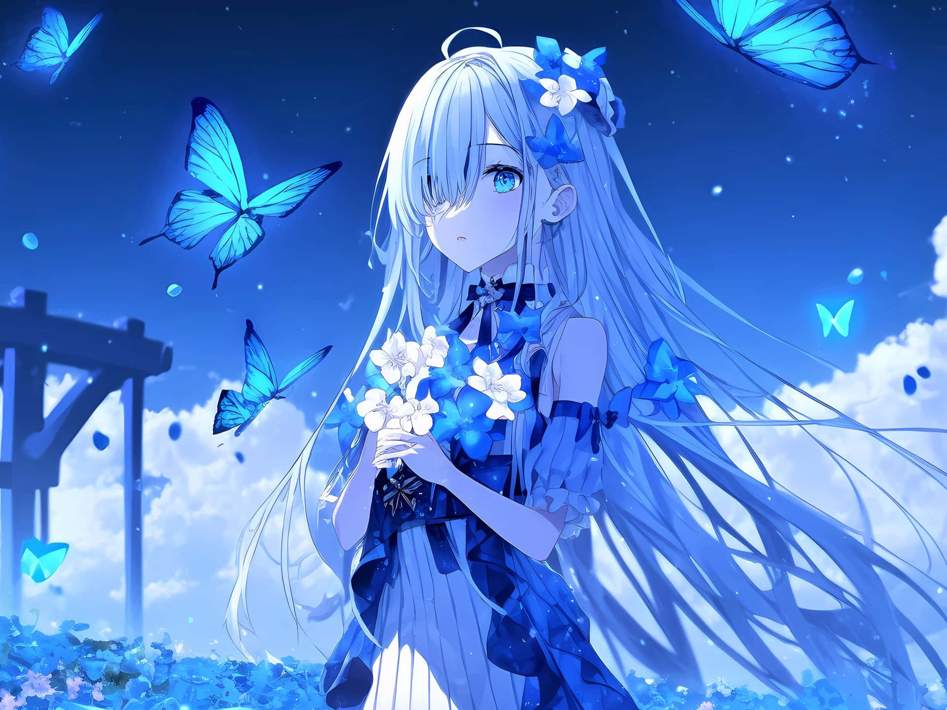 Blue Butterfly Anime Girl Background