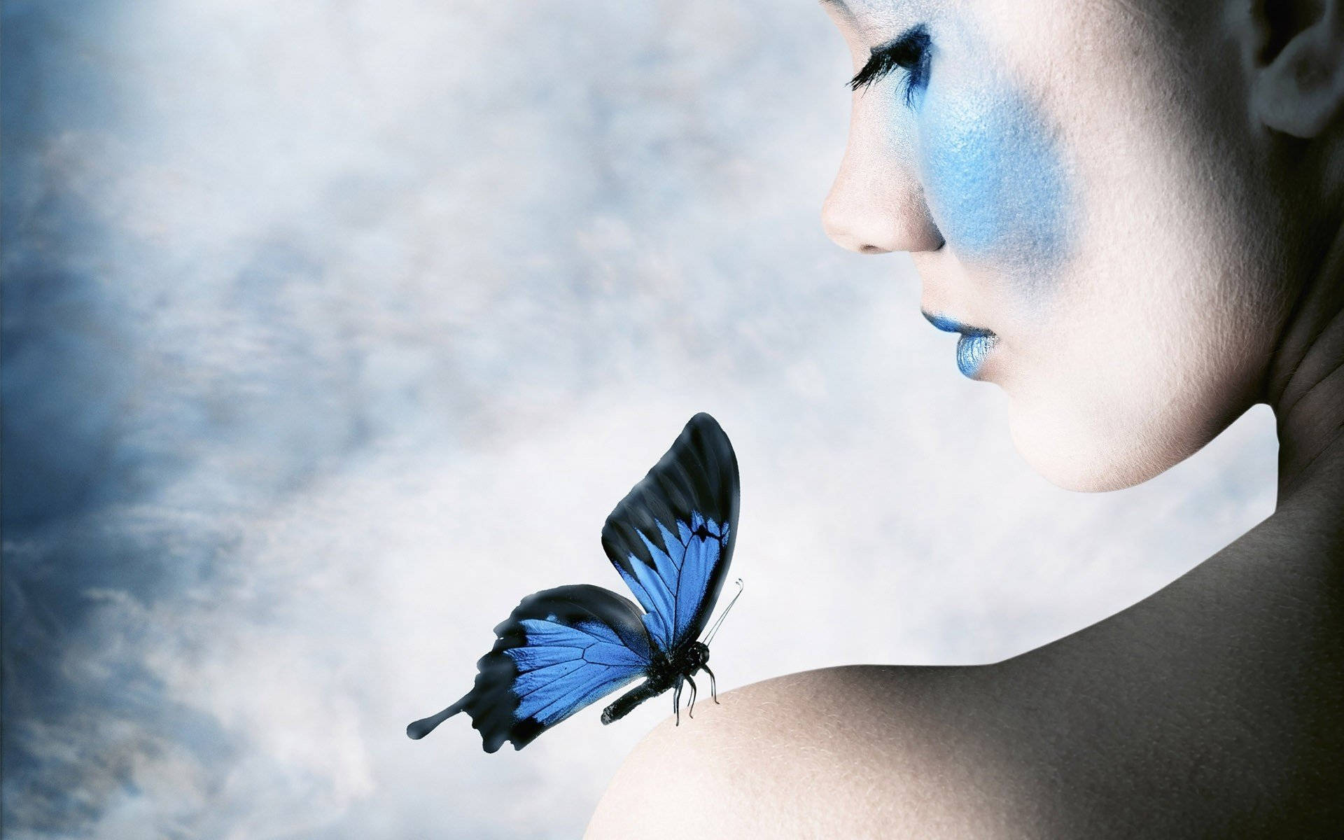 Blue Butterfly Beautiful Woman Background