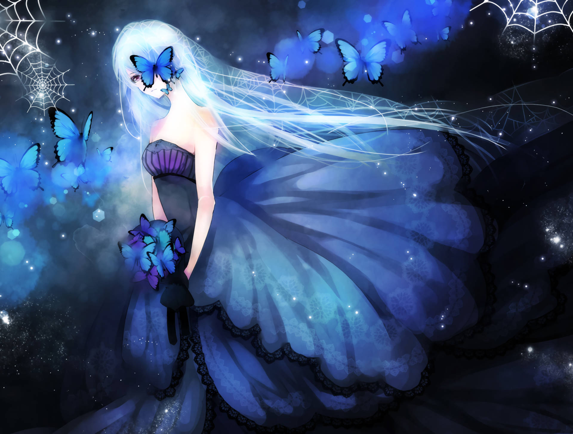 Blue Butterfly White Anime Girl Background