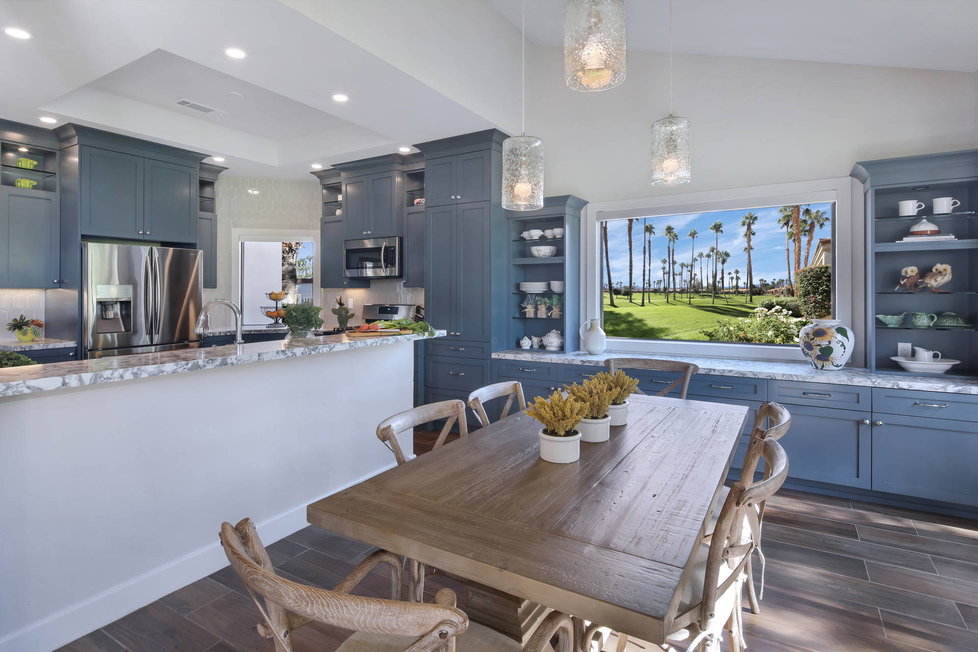 Blue Cabinets In Kitchen Background Background