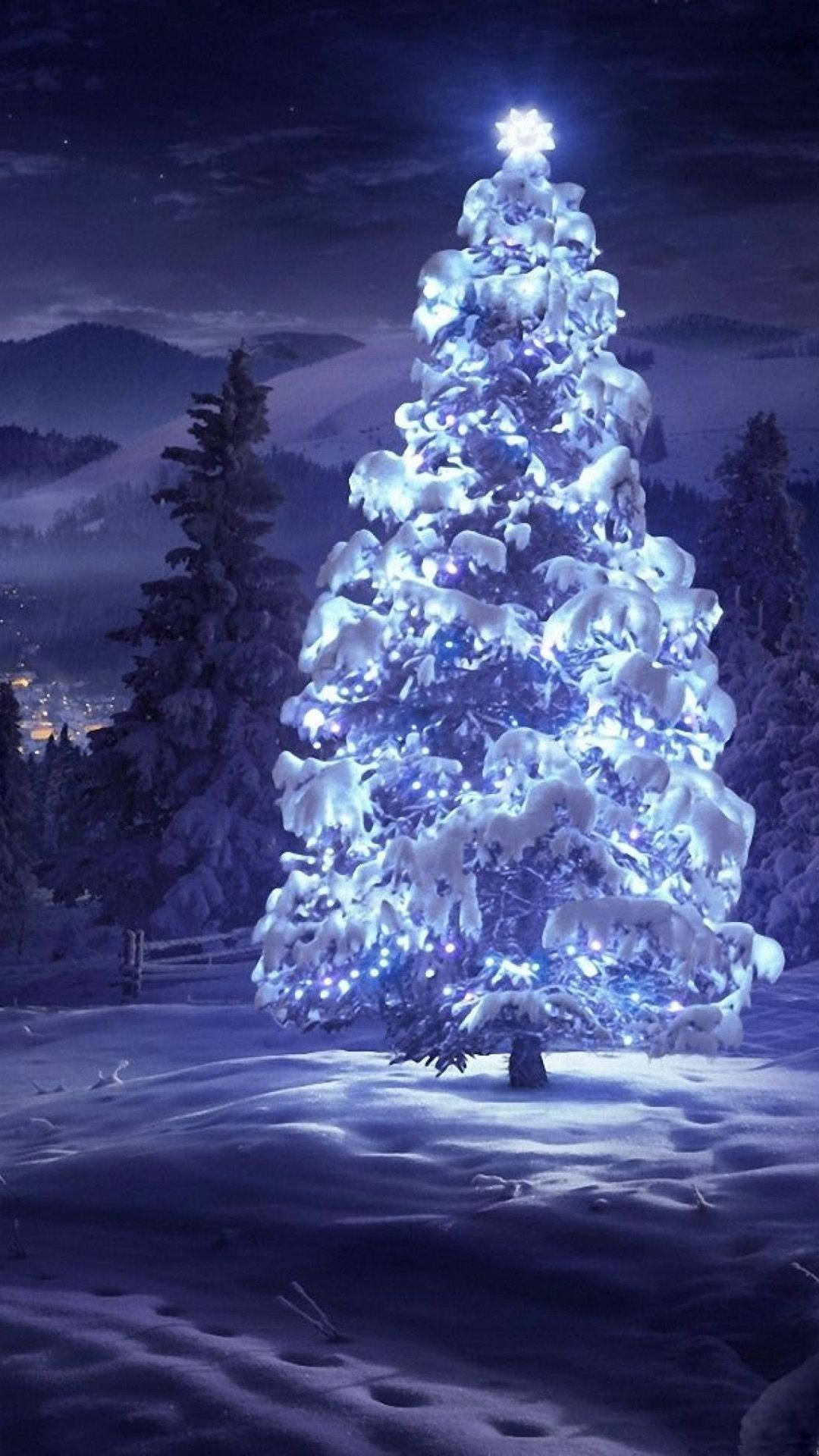 Blue Christmas Tree At Snowy Night Background