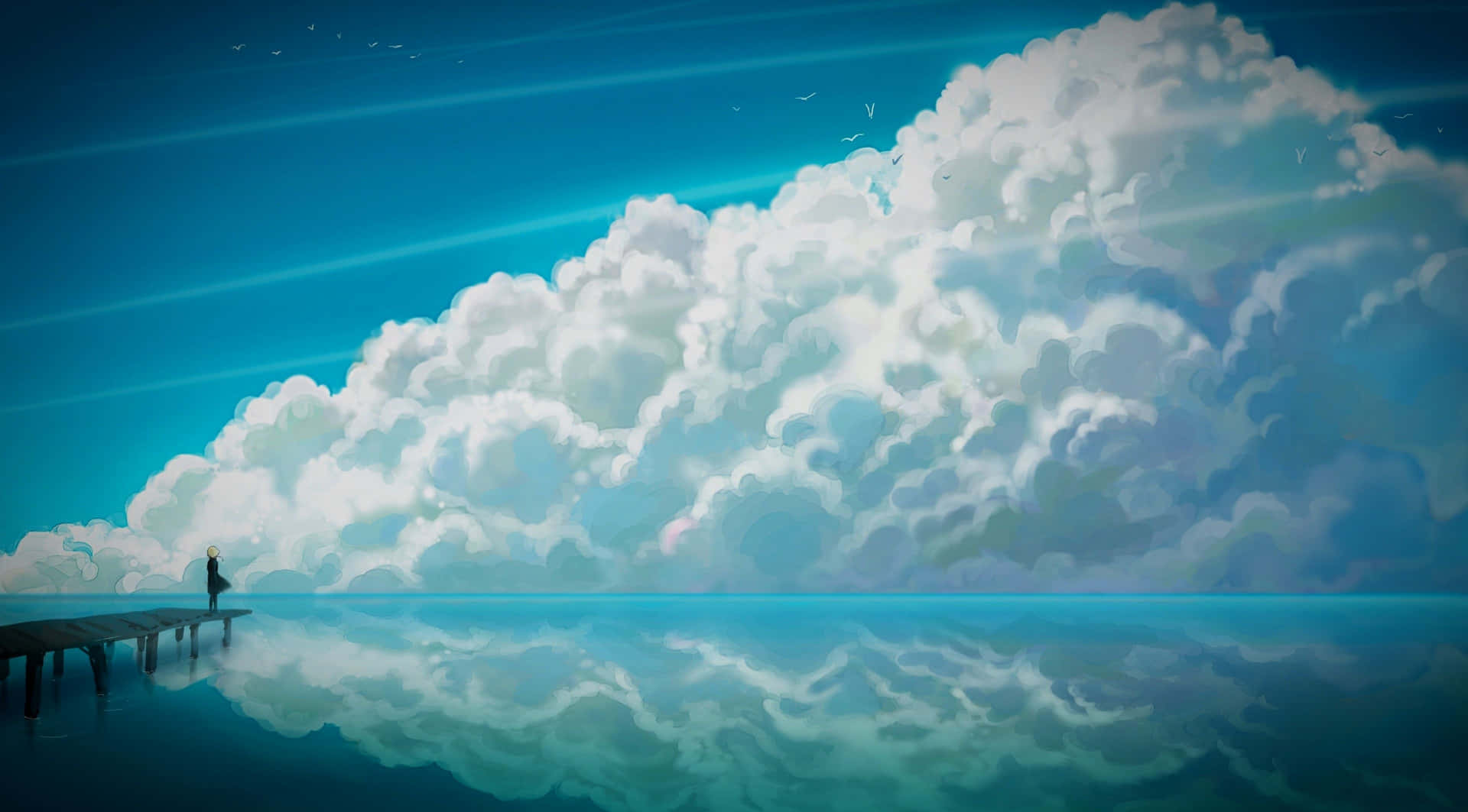 Blue Cloudy Anime Sky Background