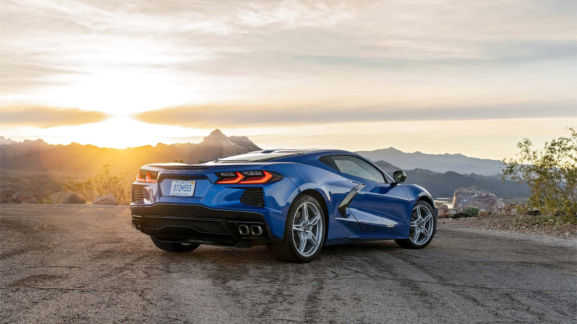 Blue Corvette C8 Sunset Backdrop Background