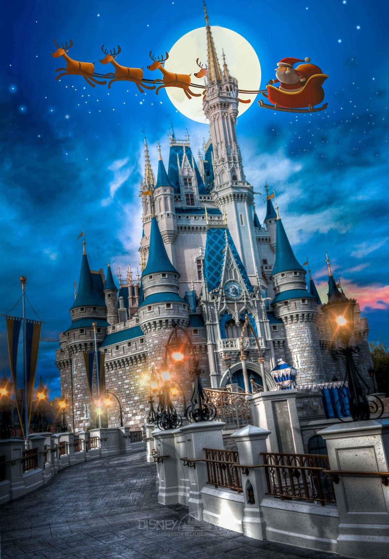 Blue Disneyland Castle Santa And Reindeer Background