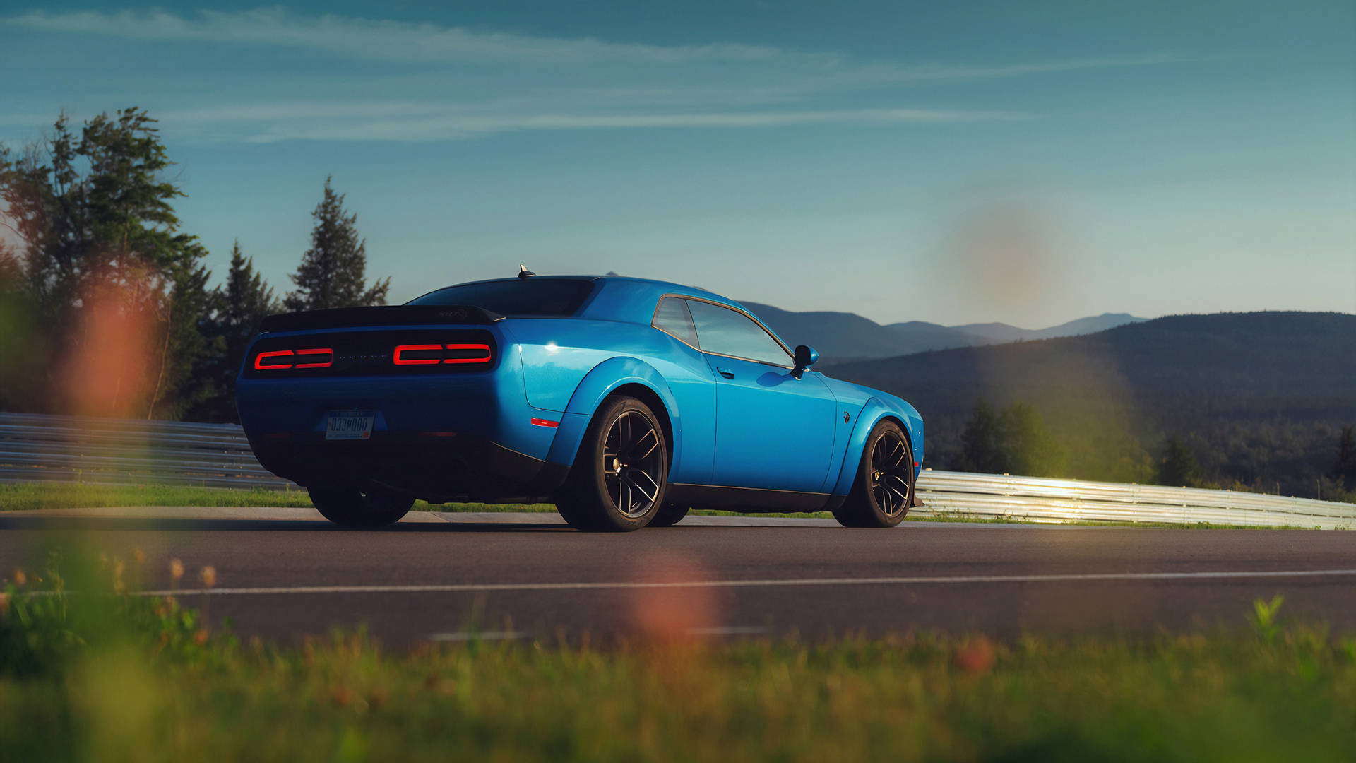 Blue Dodge Challenger On A Road Trip