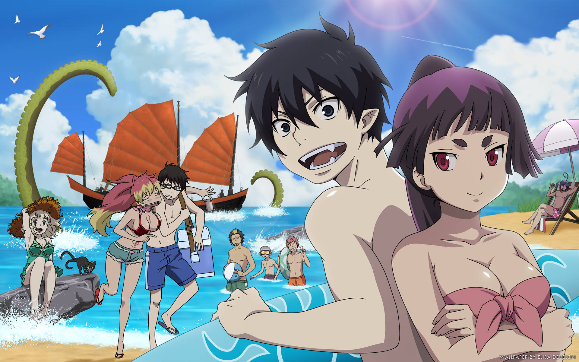 Blue Exorcist Beach Party Background