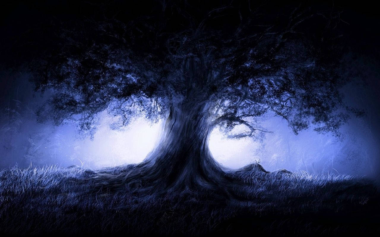 Blue Gothic Tree At Night Background