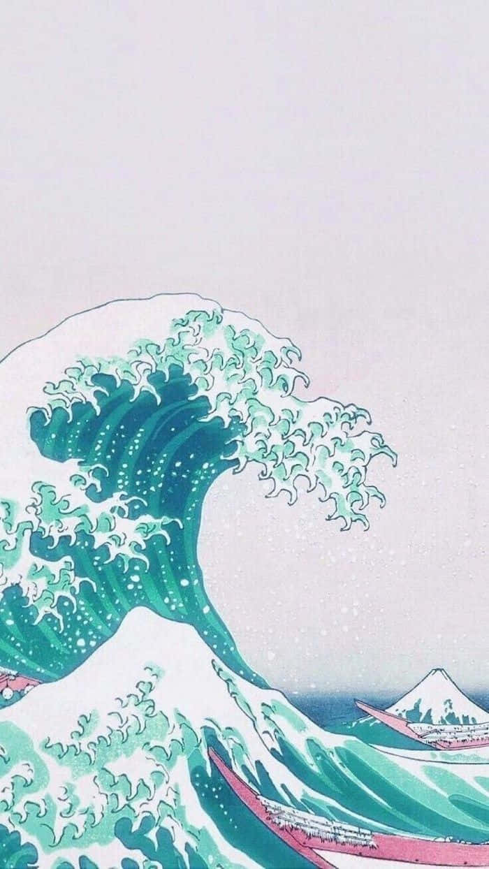 Blue Green Aesthetic Japanese Wave Painting Background
