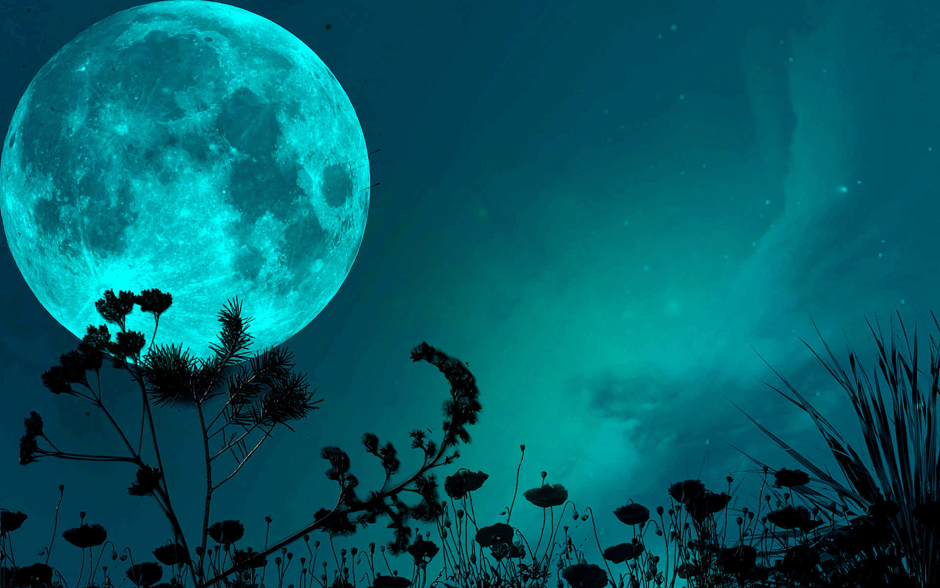 Blue Green Large Night Sky Moon Background