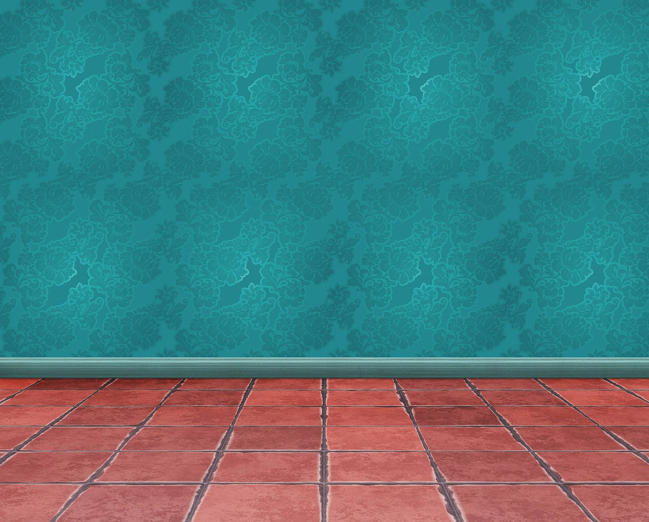 Blue Green Wallpaper With Red Oxide Floor Tiles