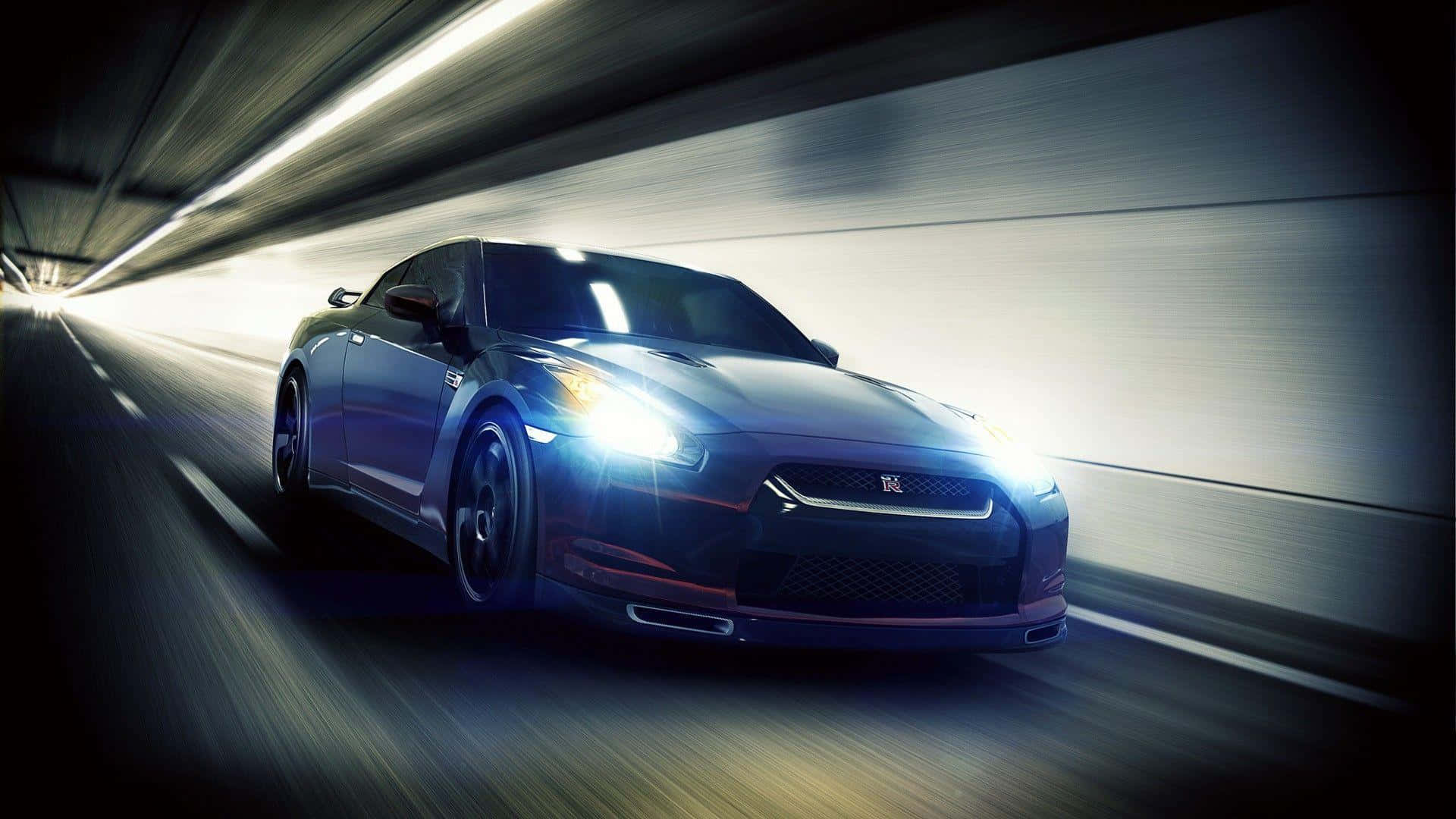 Blue Gt-r Desktop Speeding Along Tunnel Background