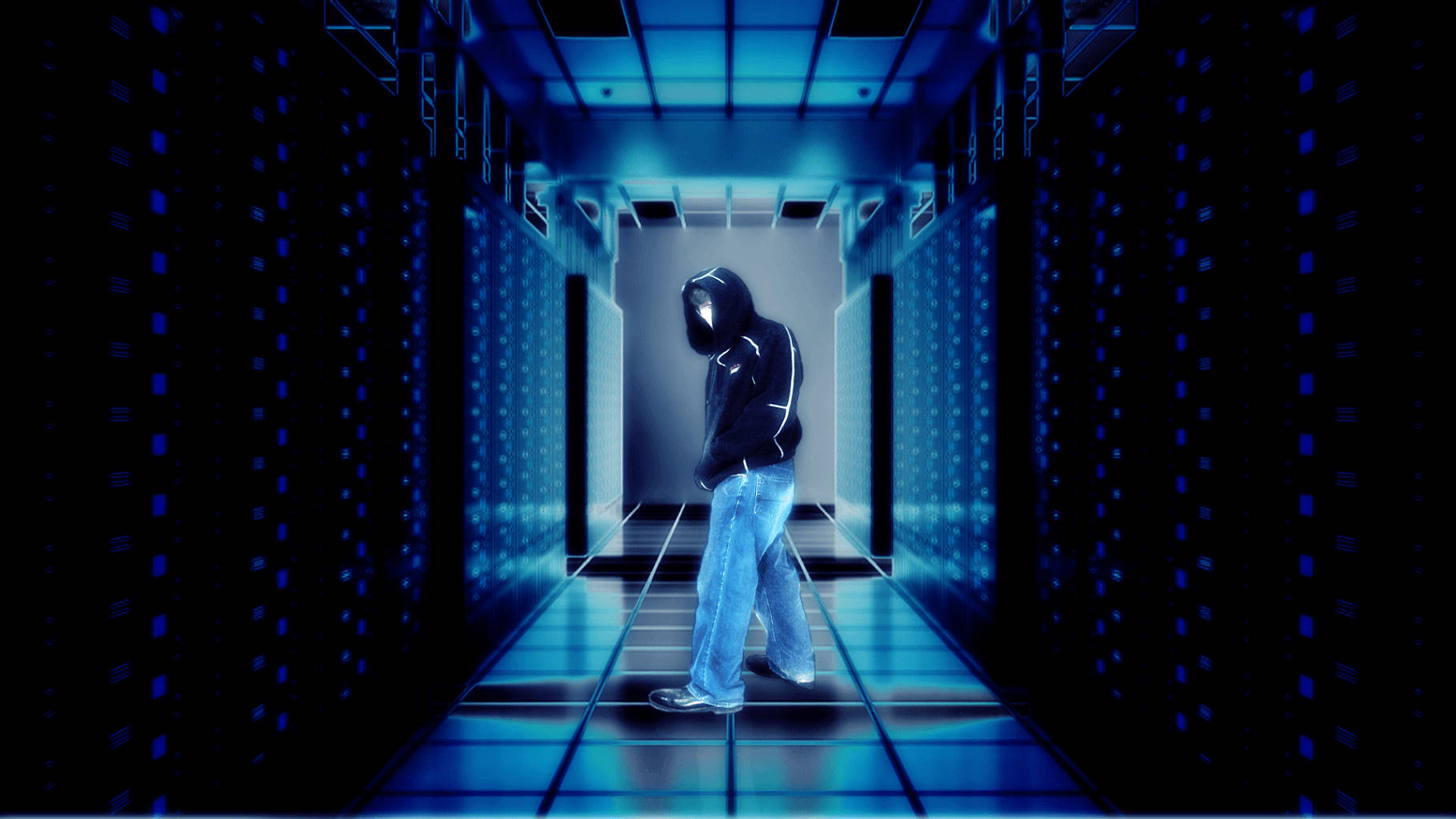 Blue Hacker On Hallway 3d Background
