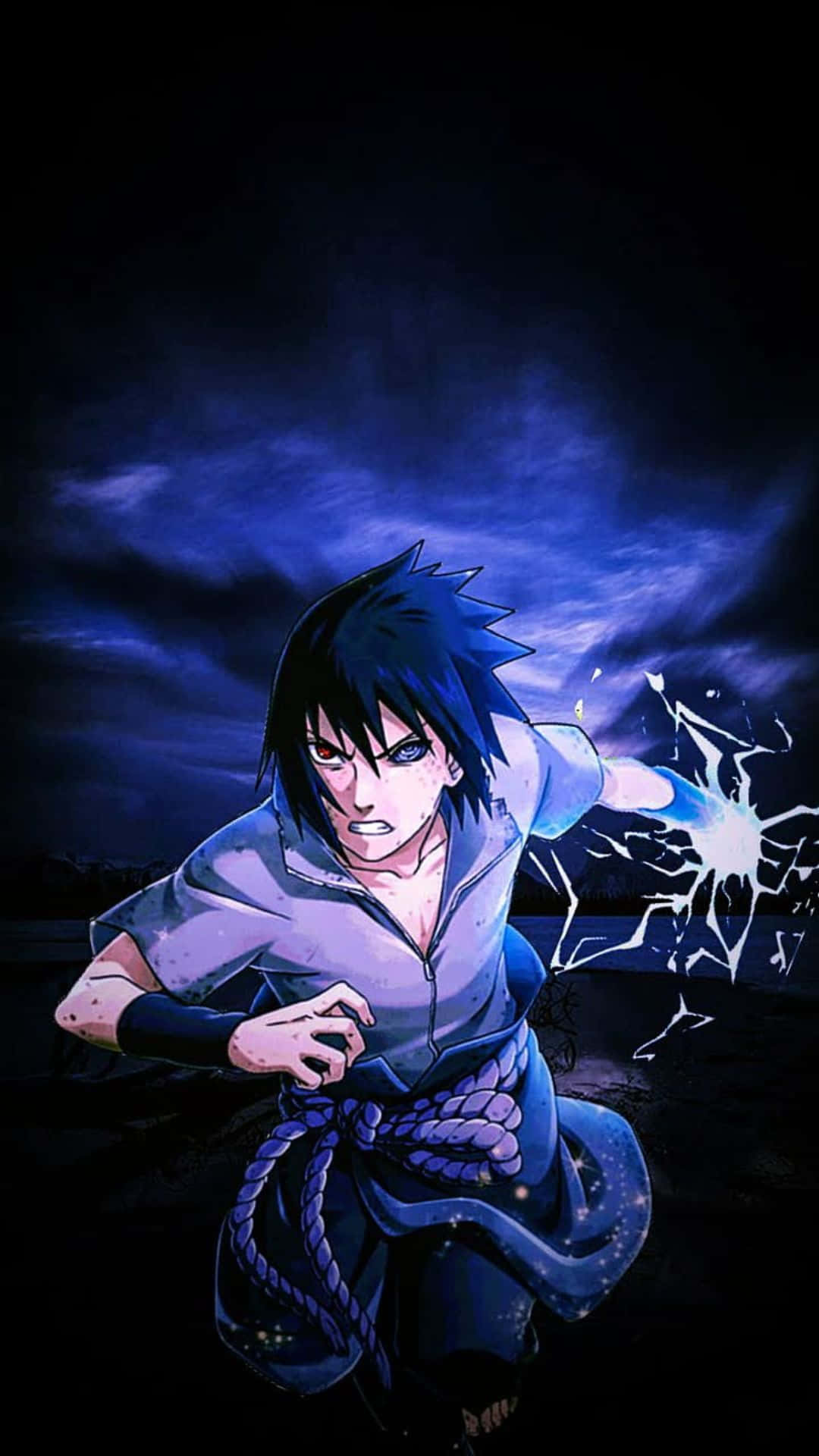 Blue Hair Sasuke Running In Dark Background