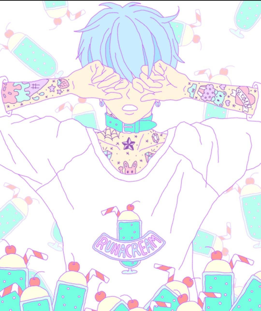 Blue-haired Aesthetic Anime Boy Cream Background