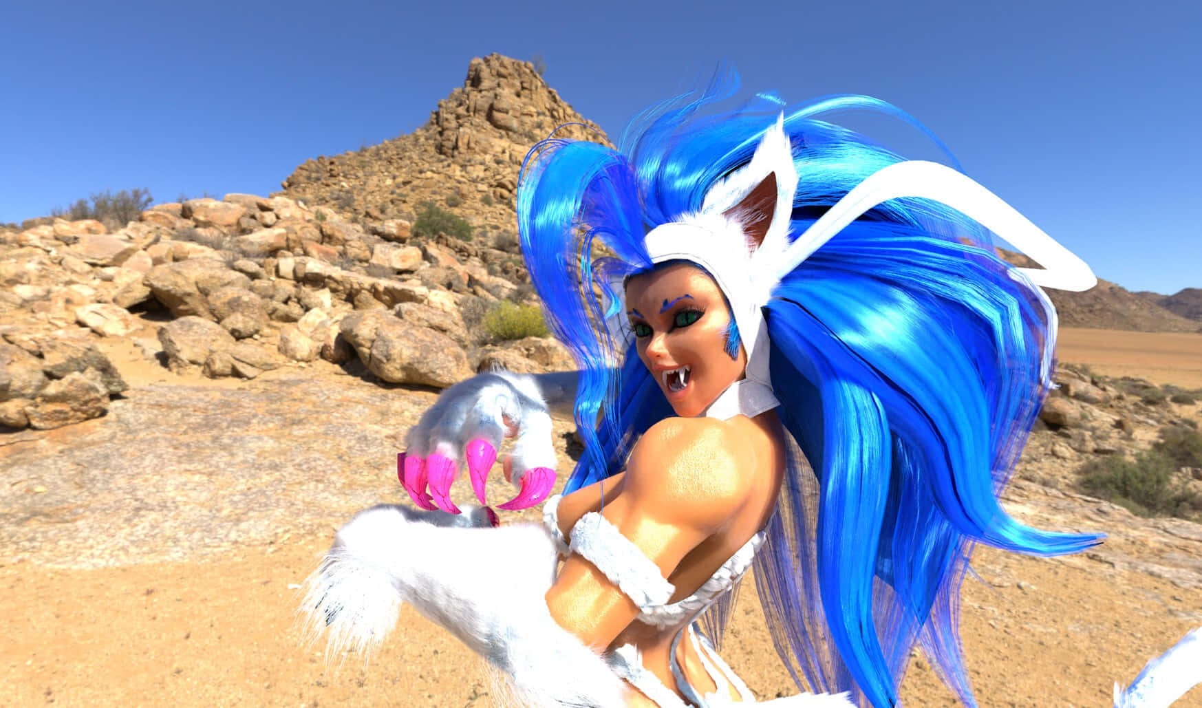 Blue Haired Anime Character Desert Scene Background