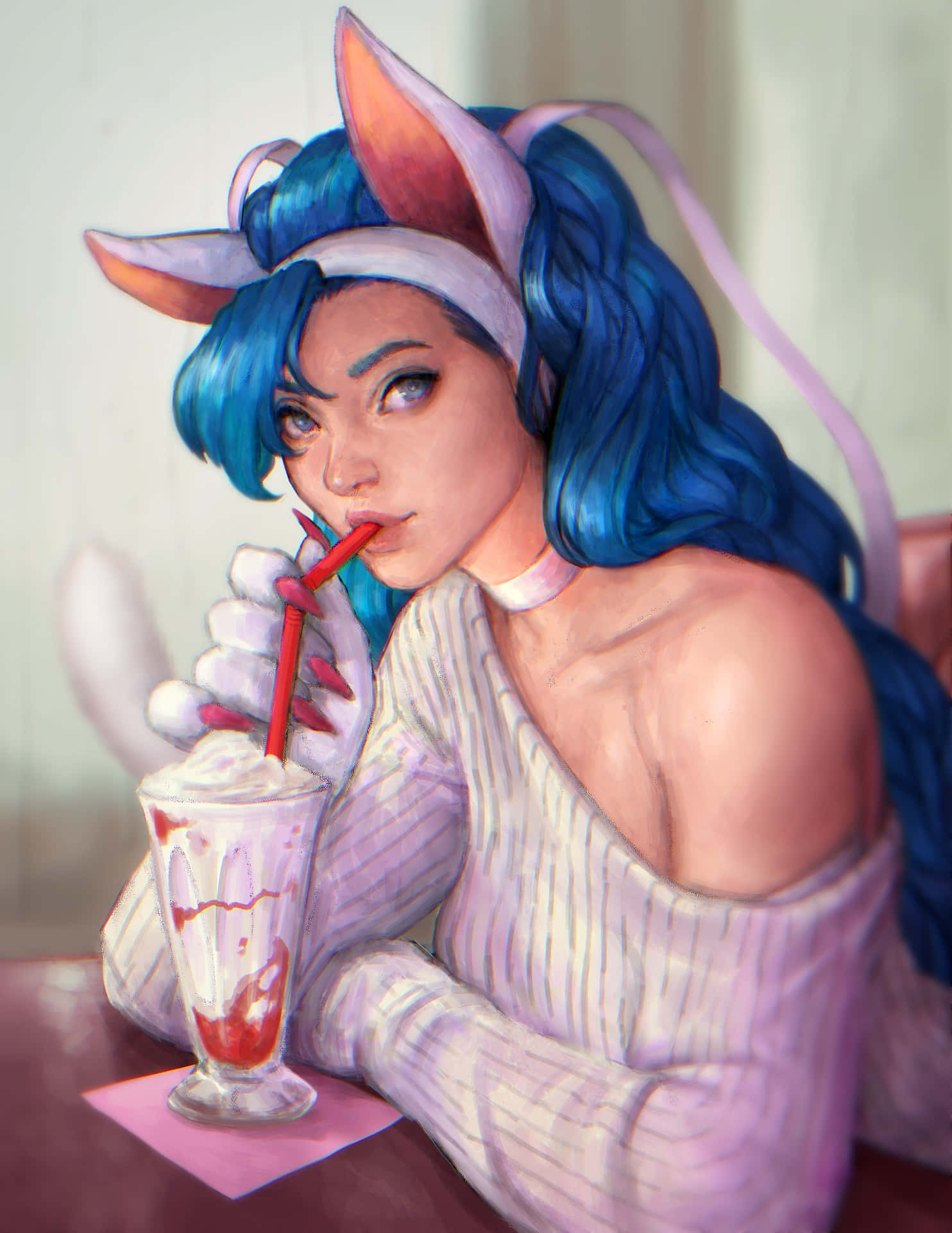 Blue Haired Anime Character Drinking Milkshake Background
